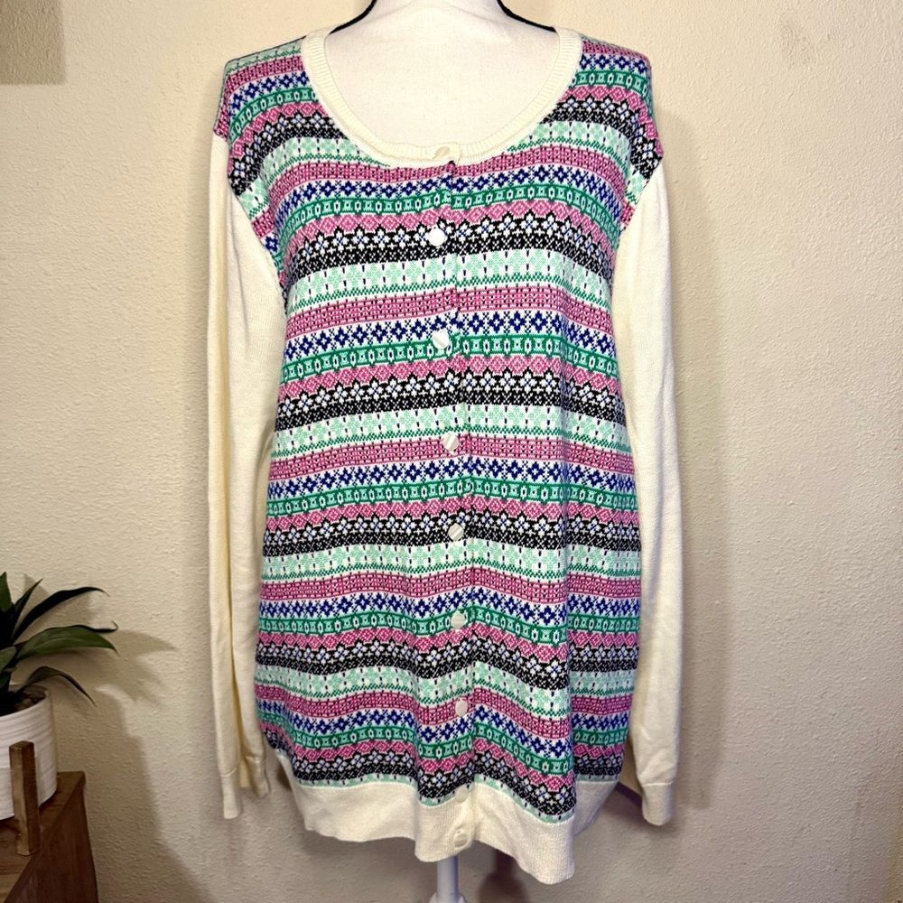 Talbots Fair Isle Cream Knit Sweater Cardigan Button Up Plus Size